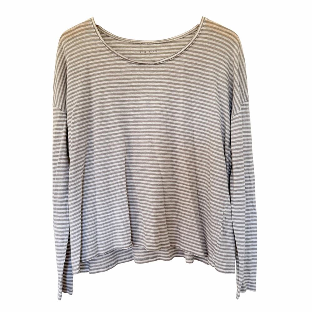 Eileen Fisher Tan White Striped Linen Long Sleeve Shirt Sz S